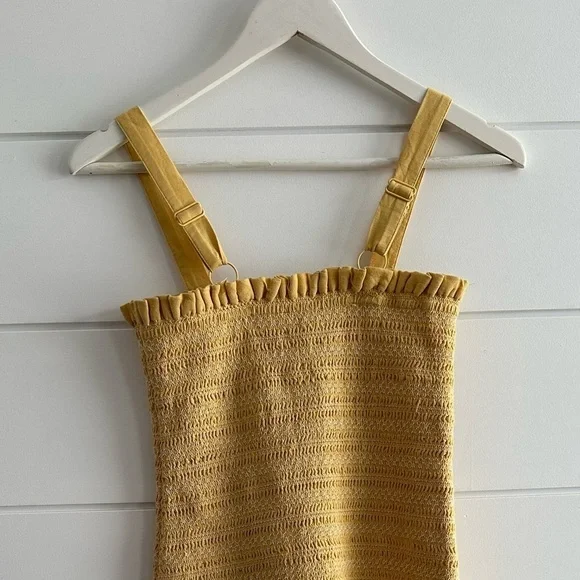 Linen Smocked Knee Length Dress - Yellow/ White Size: Estimate XS/S - Picture 7 of 14